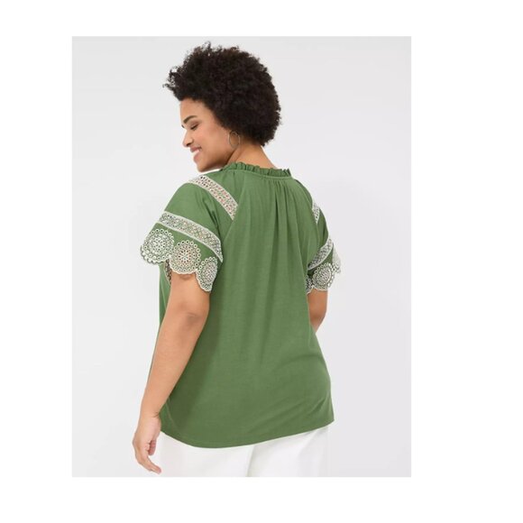 LANE BRYANT NWT Womens Size 18/20 Green Cream Eyelet Short-Sleeve Knit Top - Picture 2 of 10